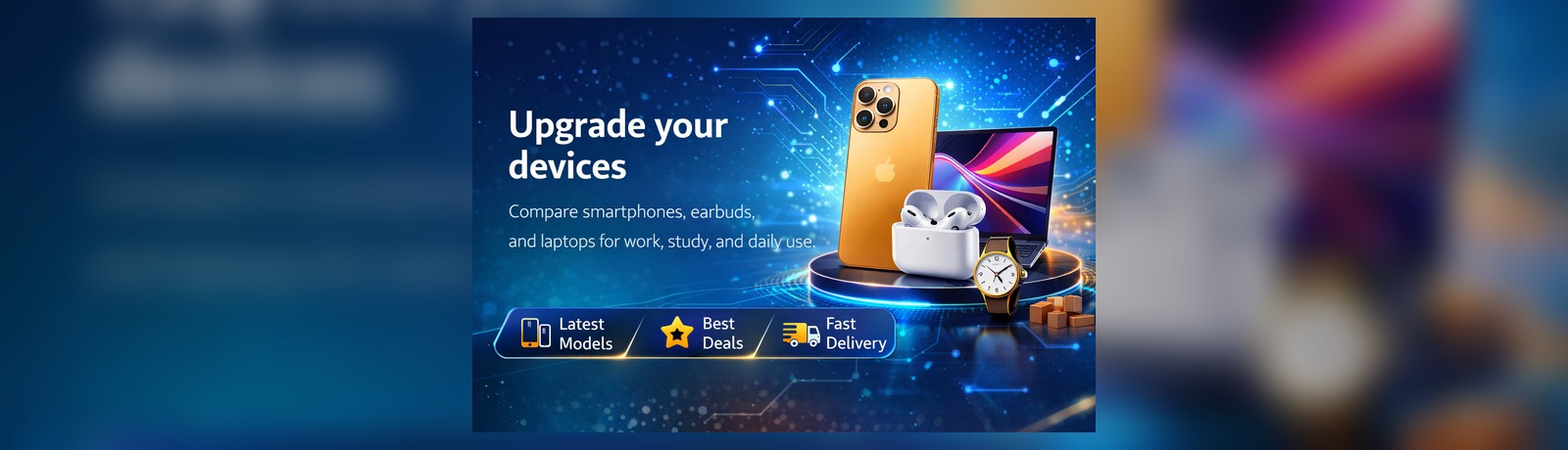 Upgrade your devices banner featuring phones, earbuds, and laptops
