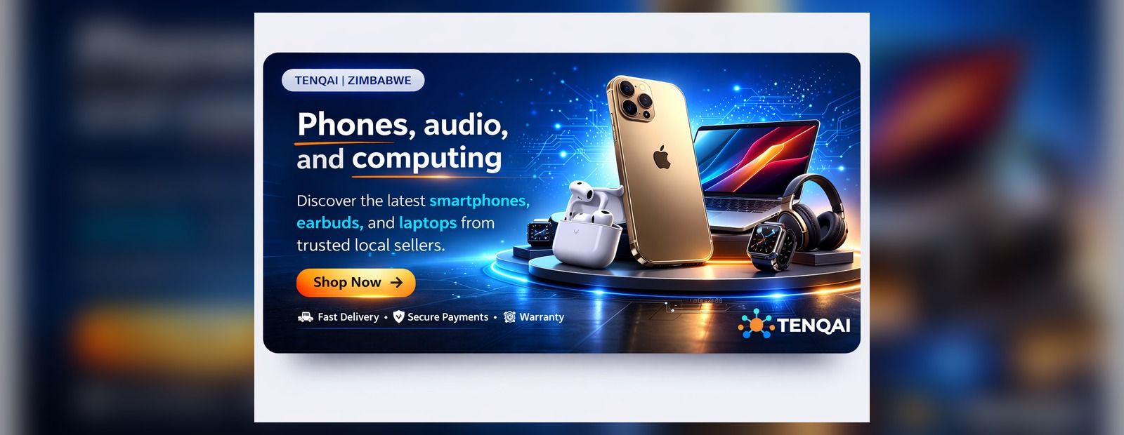 Zimbabwe marketplace hero featuring phones, audio, and computing devices